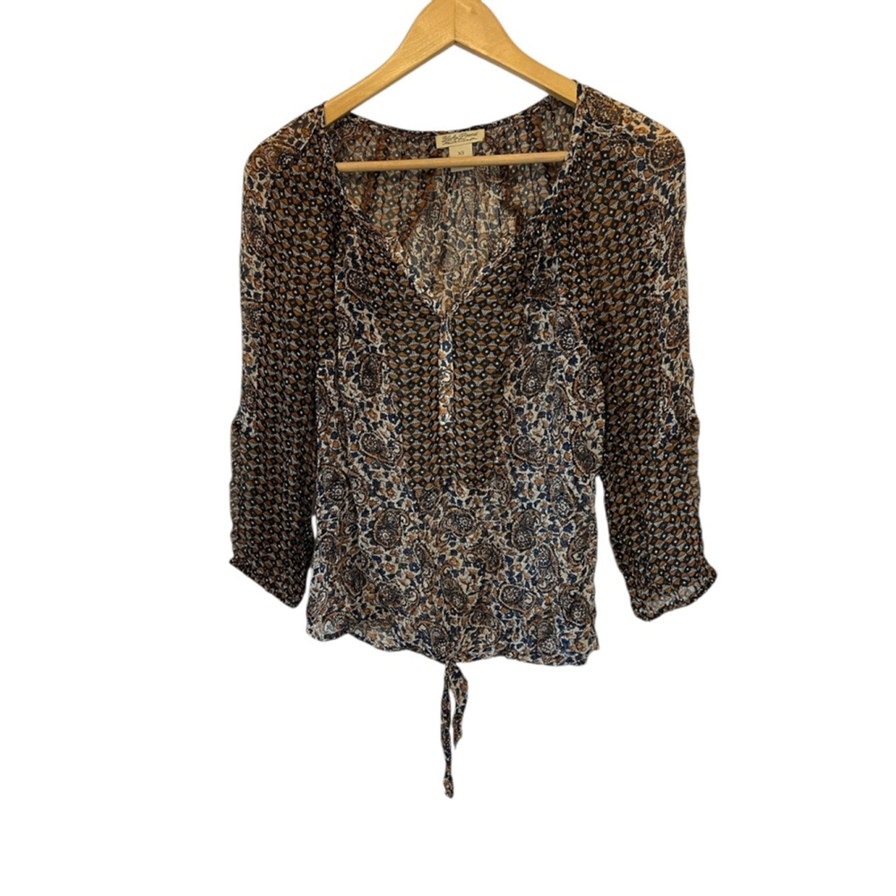 Lucky Brand Silk Blend Boho Floral Paisley Blouse Women’s XS Long Sleeve Tie Hem